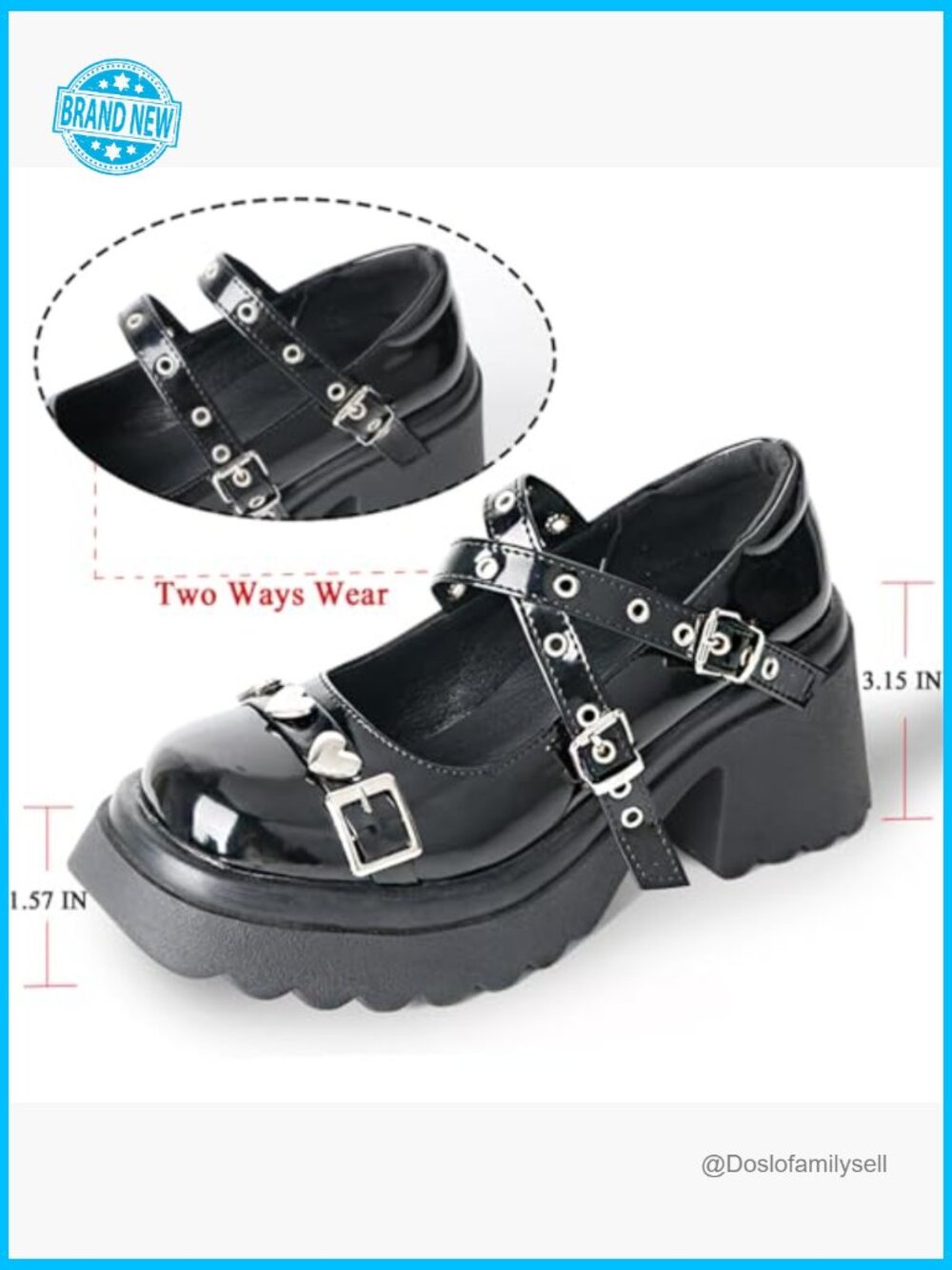 Chunky Platform Mary Janes with Heart Buckle, Round Toe, Y2K Goth Lolita - Picture 6 of 7